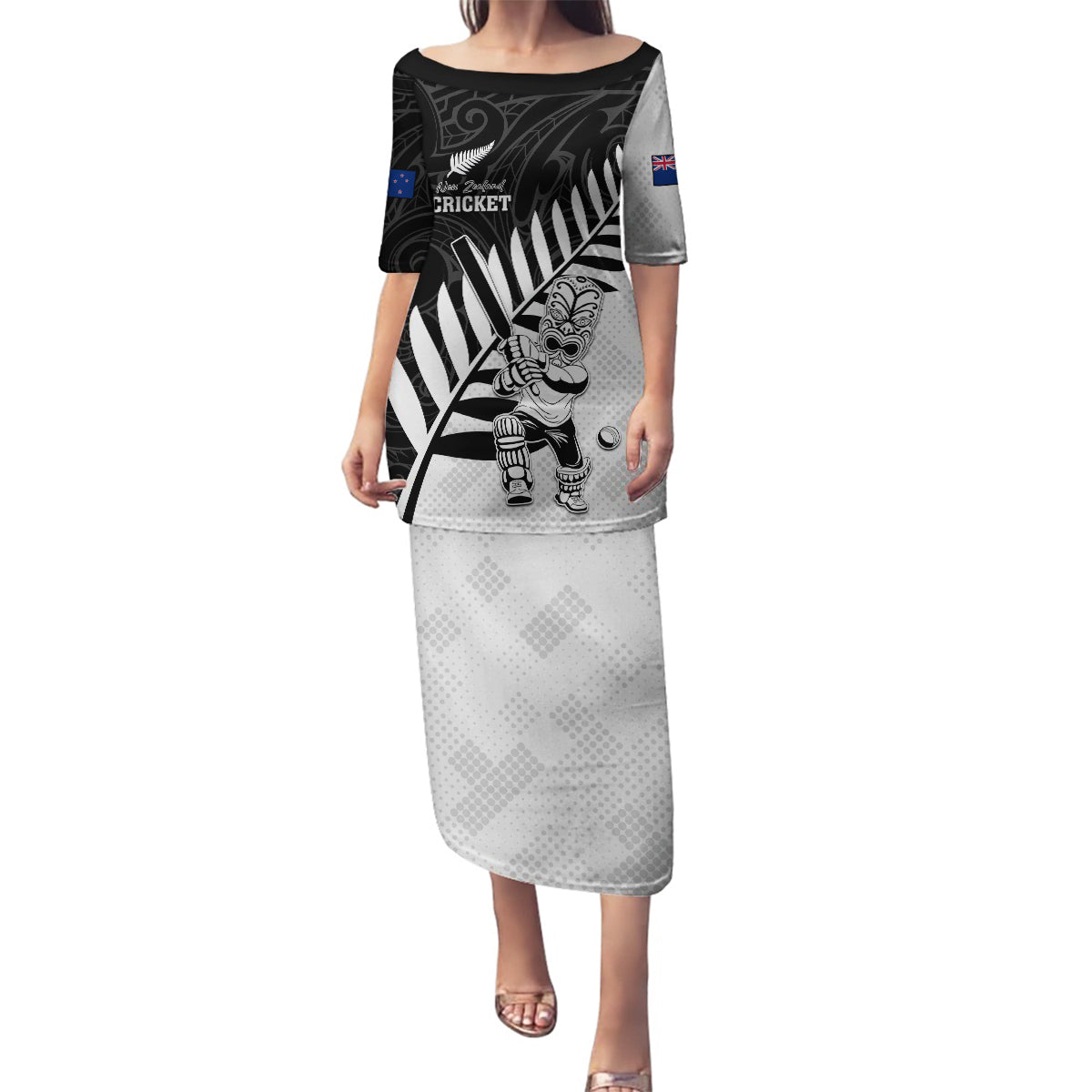 Custom New Zealand Cricket Family Matching Puletasi and Hawaiian Shirt With Maori Pattern LT05 Mom's Dress Black - Polynesian Pride