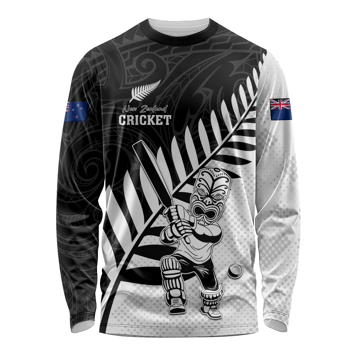 Custom New Zealand Cricket Long Sleeve Shirt With Maori Pattern LT05 Unisex Black - Polynesian Pride