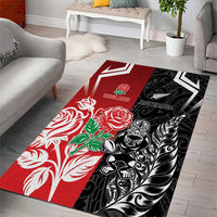 New Zealand And England Rugby Area Rug Maori Tiki With Red Rose Together