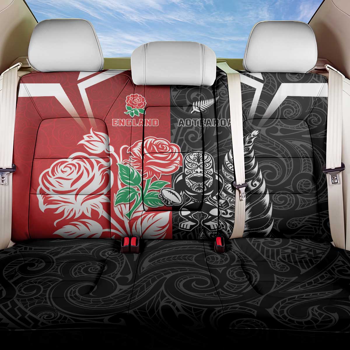 New Zealand And England Rugby Back Car Seat Cover Maori Tiki With Red Rose Together LT05 One Size Red - Polynesian Pride