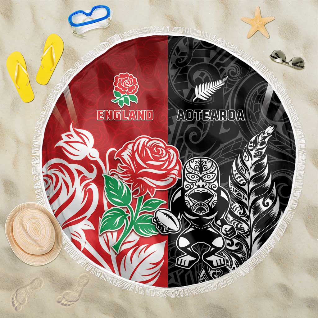 New Zealand And England Rugby Beach Blanket Maori Tiki With Red Rose Together LT05 One Size 150cm Red - Polynesian Pride