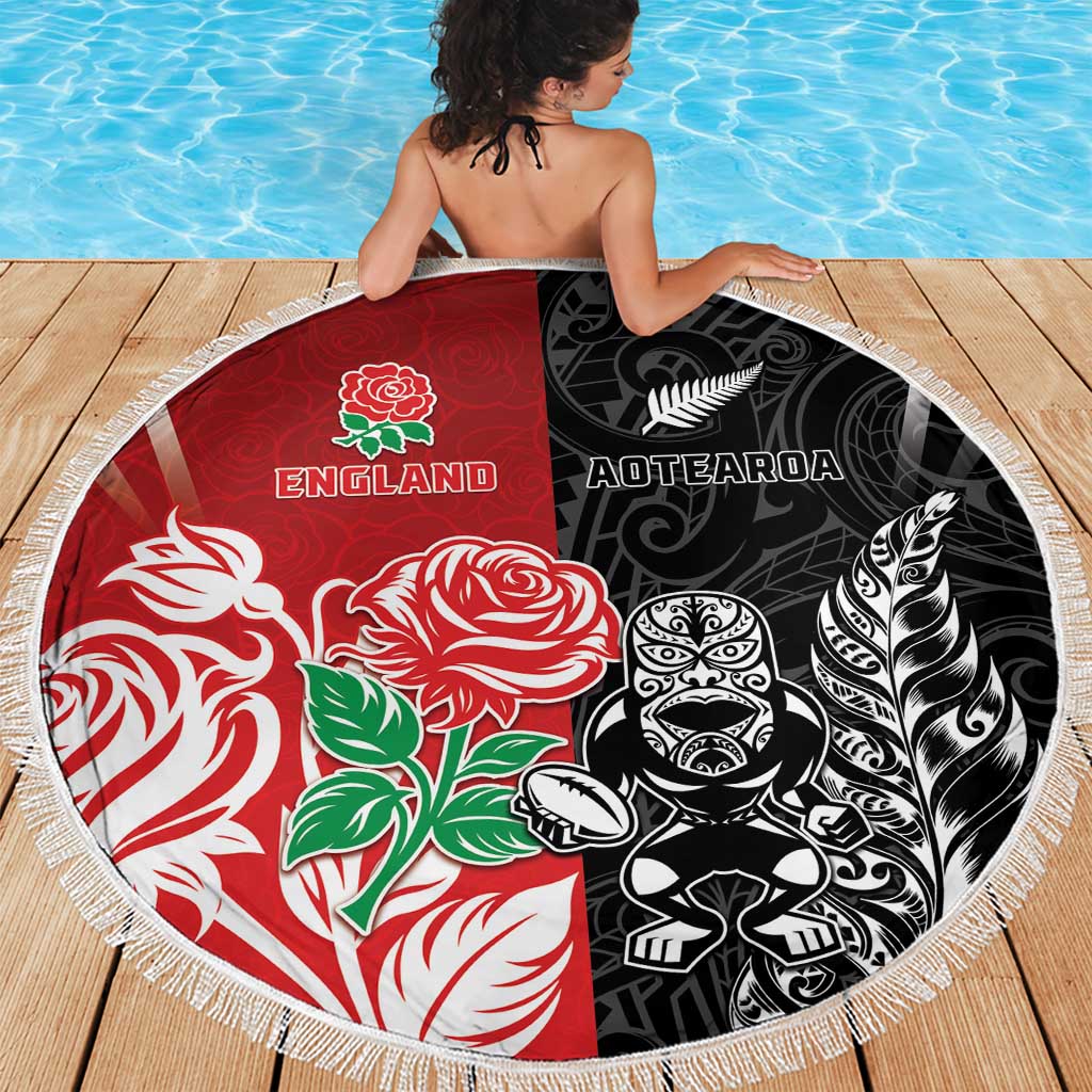 New Zealand And England Rugby Beach Blanket Maori Tiki With Red Rose Together LT05 - Polynesian Pride