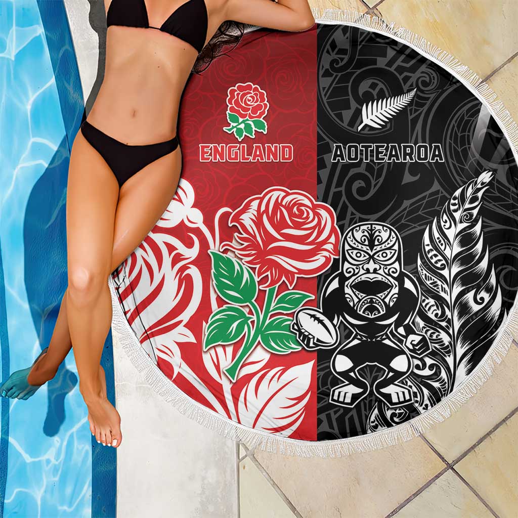New Zealand And England Rugby Beach Blanket Maori Tiki With Red Rose Together LT05 - Polynesian Pride