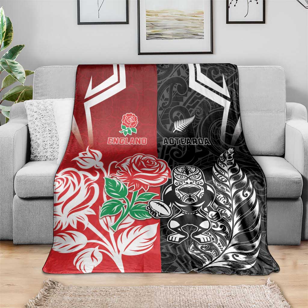 New Zealand And England Rugby Blanket Maori Tiki With Red Rose Together LT05 - Polynesian Pride
