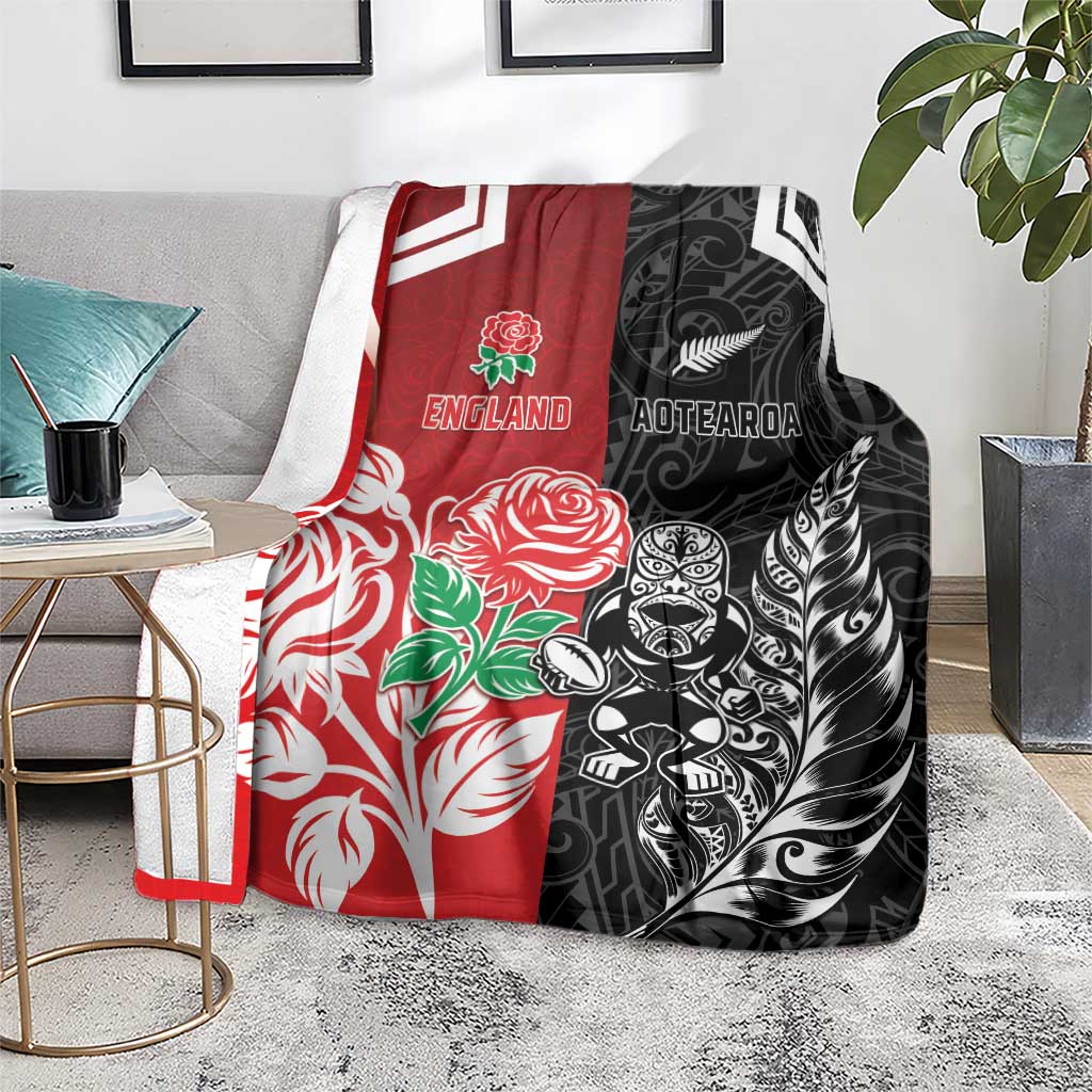 New Zealand And England Rugby Blanket Maori Tiki With Red Rose Together LT05 - Polynesian Pride