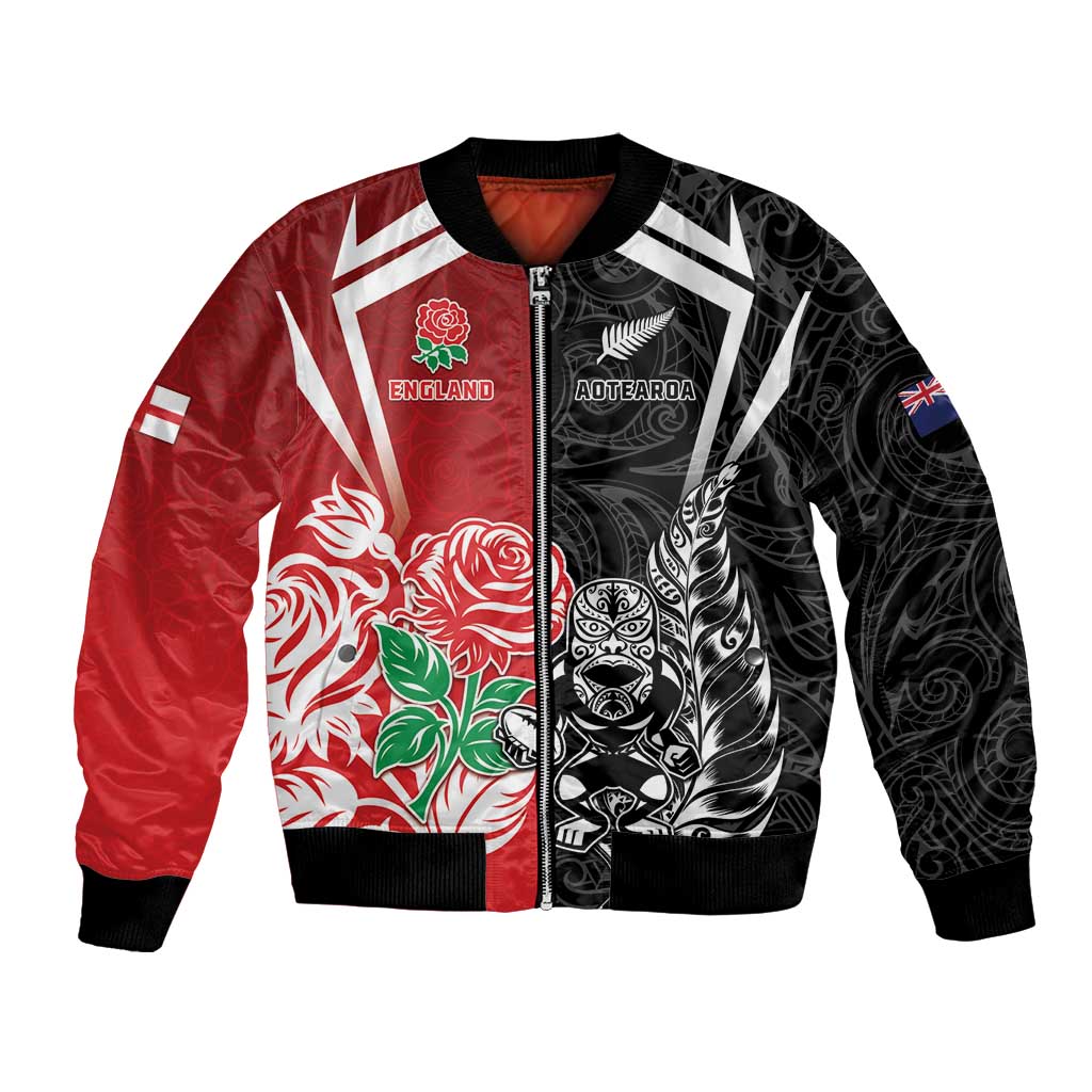 New Zealand And England Rugby Custom Bomber Jacket Maori Tiki With Red Rose Together