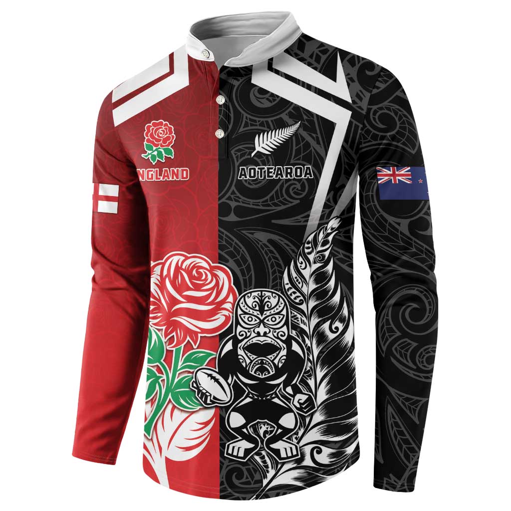 New Zealand And England Rugby Custom Button Sweatshirt Maori Tiki With Red Rose Together
