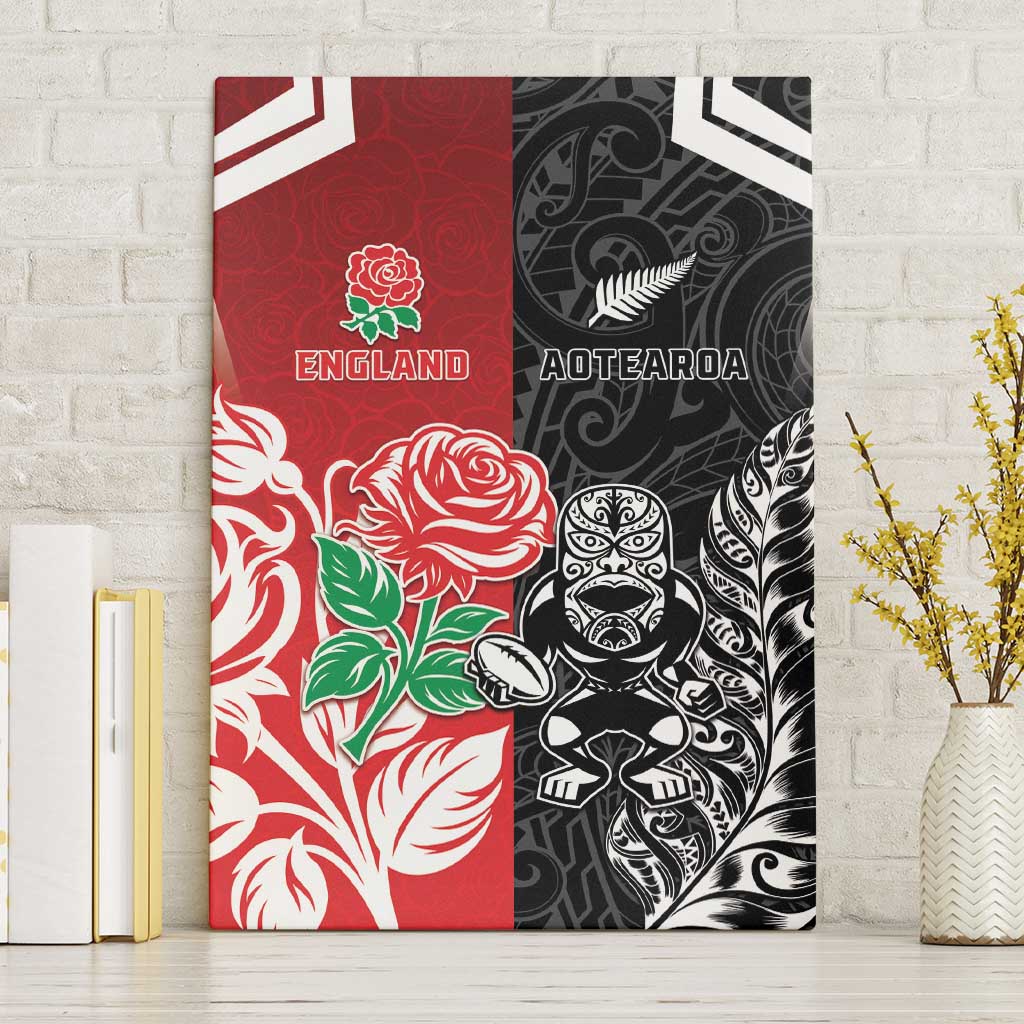 New Zealand And England Rugby Canvas Wall Art Maori Tiki With Red Rose Together LT05 Without Frame Red - Polynesian Pride