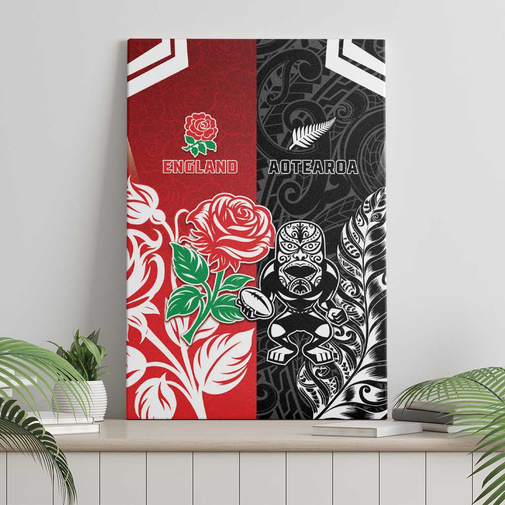 New Zealand And England Rugby Canvas Wall Art Maori Tiki With Red Rose Together LT05 - Polynesian Pride