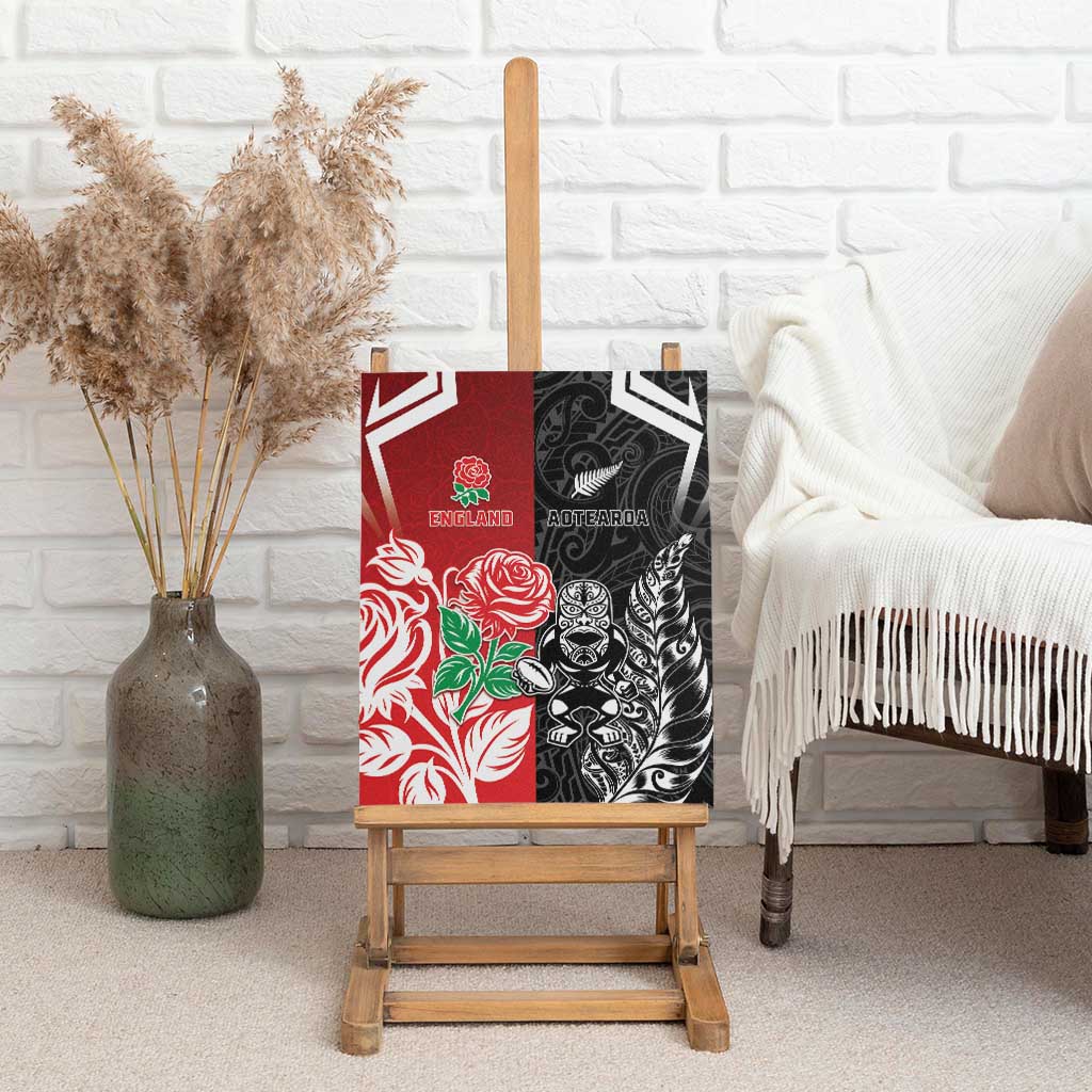 New Zealand And England Rugby Canvas Wall Art Maori Tiki With Red Rose Together LT05 - Polynesian Pride