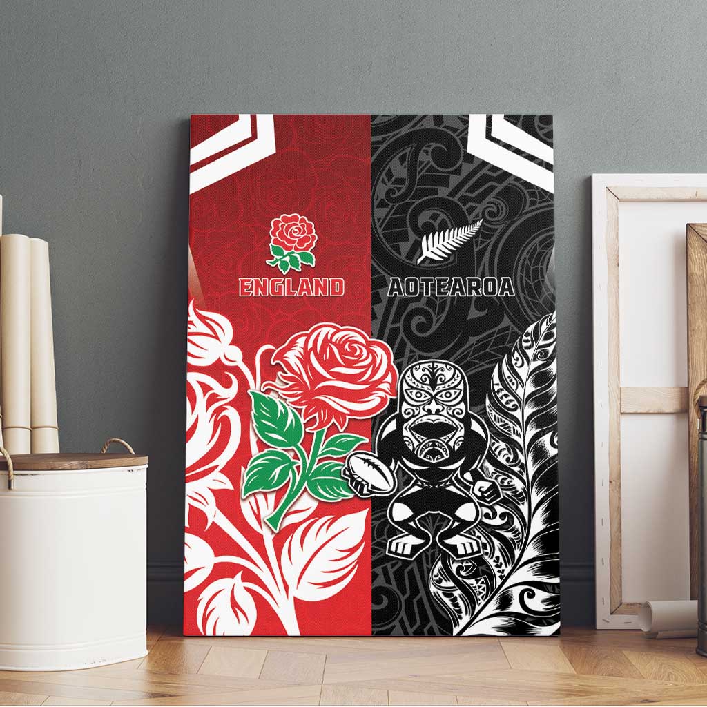 New Zealand And England Rugby Canvas Wall Art Maori Tiki With Red Rose Together LT05 - Polynesian Pride