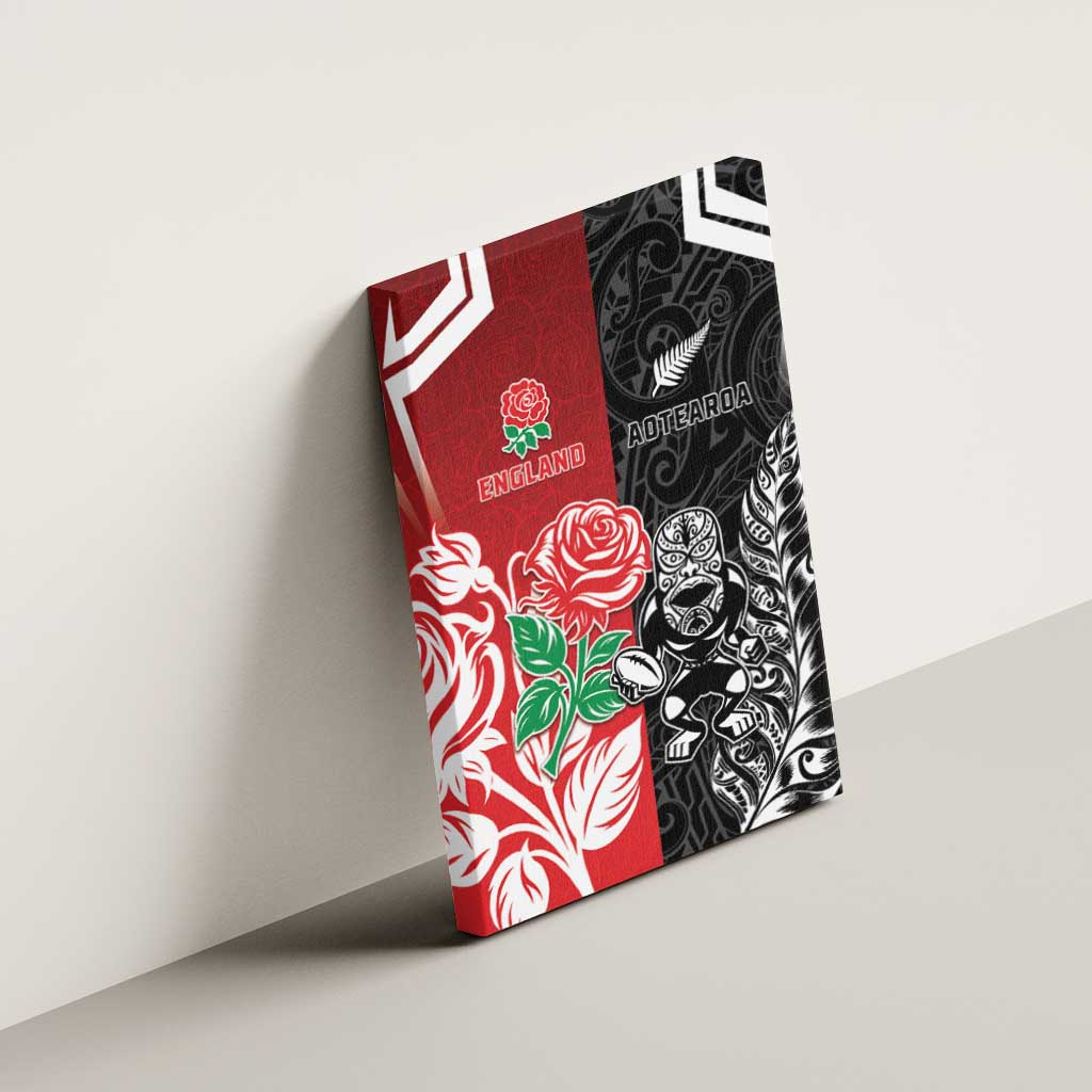 New Zealand And England Rugby Canvas Wall Art Maori Tiki With Red Rose Together LT05 - Polynesian Pride