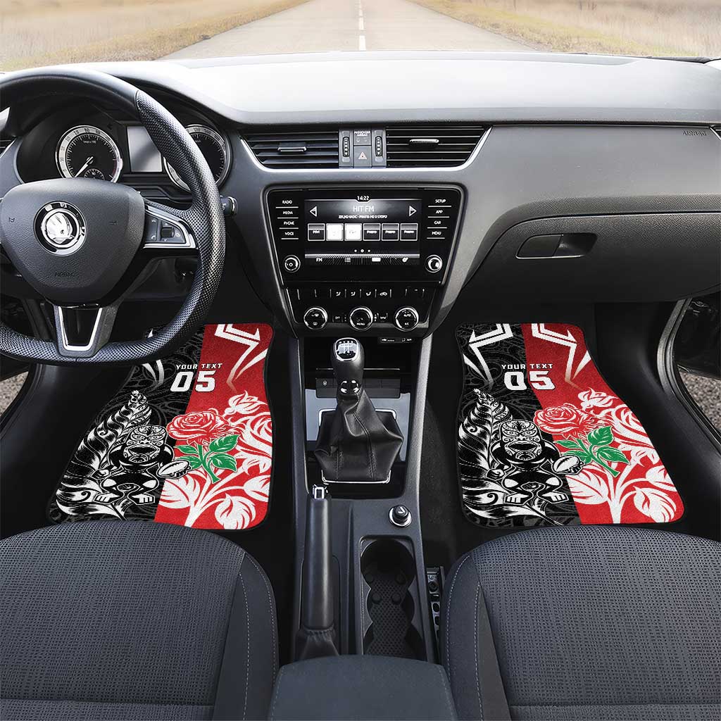 New Zealand And England Rugby Car Mats Maori Tiki With Red Rose Together LT05 Set 2pcs - Front Red - Polynesian Pride