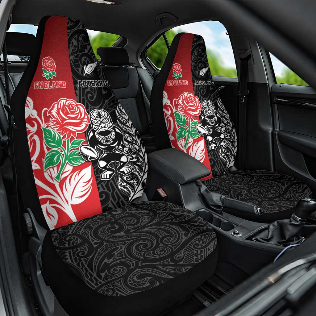 New Zealand And England Rugby Car Seat Cover Maori Tiki With Red Rose Together LT05 One Size Red - Polynesian Pride