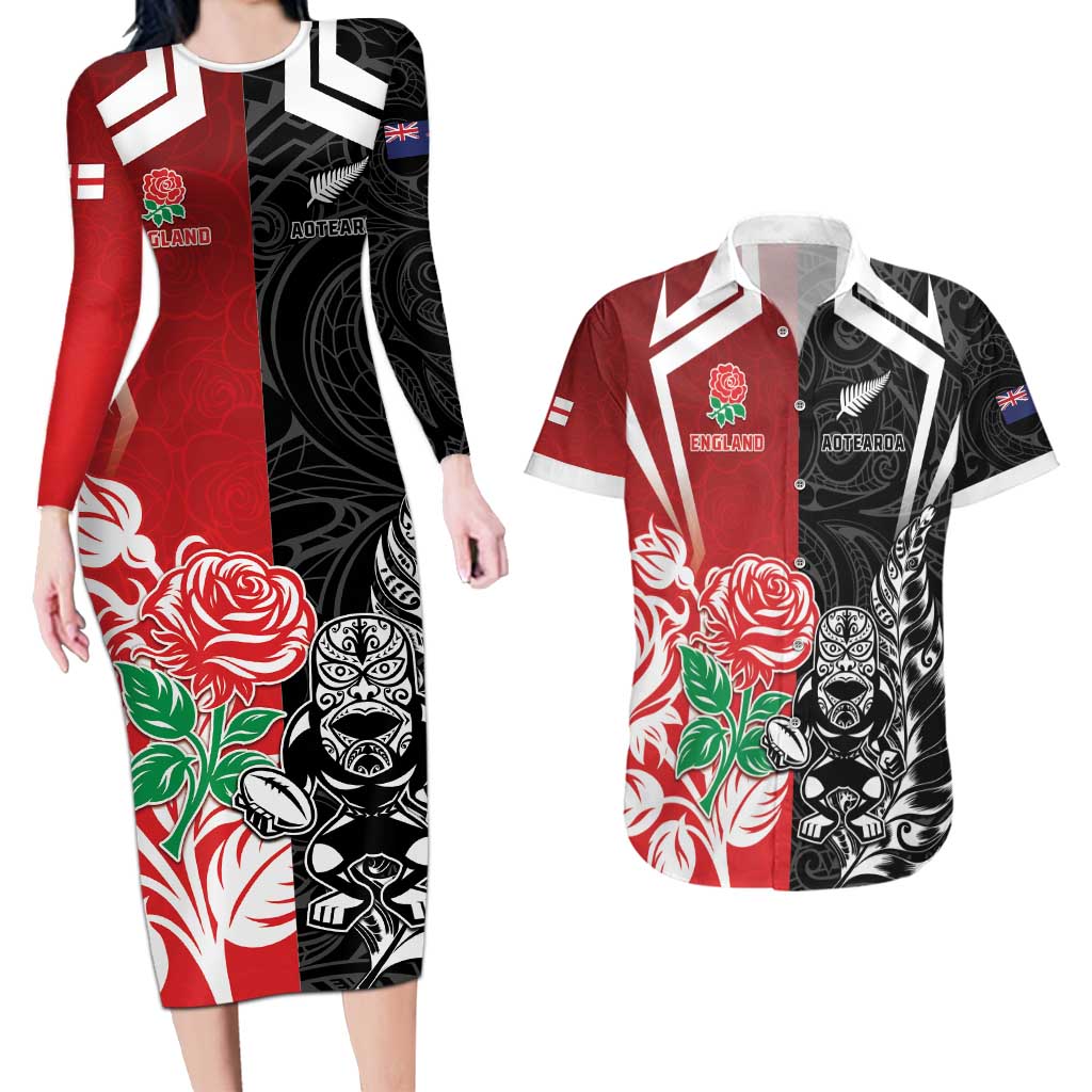 New Zealand And England Rugby Custom Couples Matching Long Sleeve Bodycon Dress and Hawaiian Shirt Maori Tiki With Red Rose Together