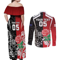 New Zealand And England Rugby Custom Couples Matching Off Shoulder Maxi Dress and Long Sleeve Button Shirt Maori Tiki With Red Rose Together