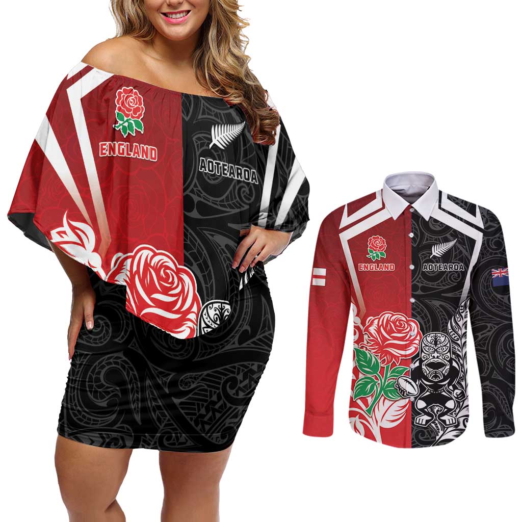 New Zealand And England Rugby Custom Couples Matching Off Shoulder Short Dress and Long Sleeve Button Shirt Maori Tiki With Red Rose Together
