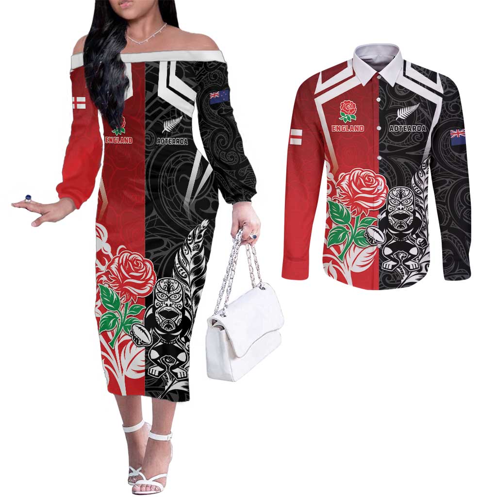 New Zealand And England Rugby Custom Couples Matching Off The Shoulder Long Sleeve Dress and Long Sleeve Button Shirt Maori Tiki With Red Rose Together