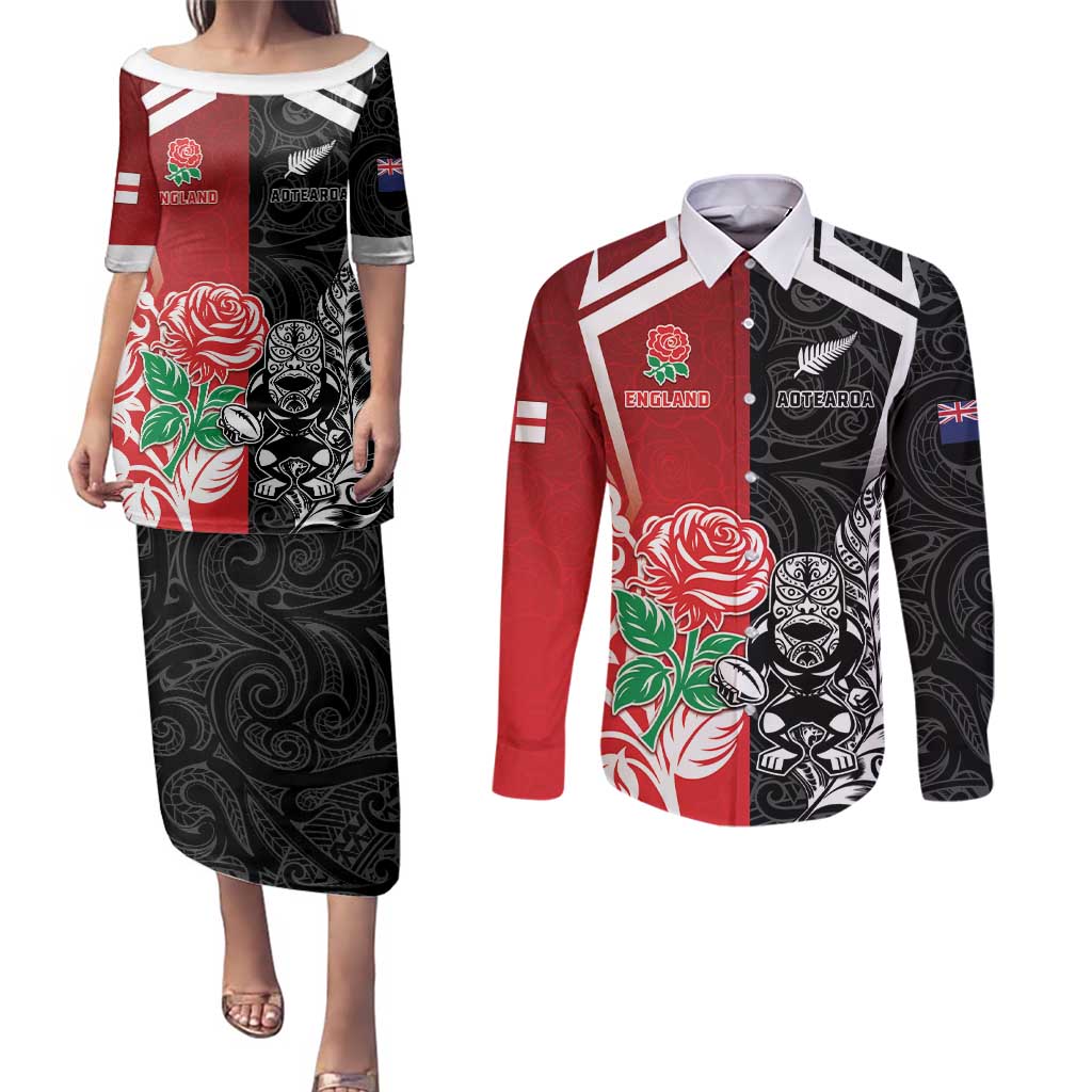 New Zealand And England Rugby Custom Couples Matching Puletasi and Long Sleeve Button Shirt Maori Tiki With Red Rose Together