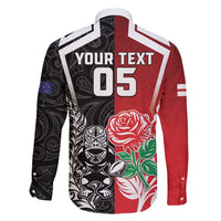New Zealand And England Rugby Custom Family Matching Long Sleeve Bodycon Dress and Hawaiian Shirt Maori Tiki With Red Rose Together