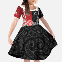 New Zealand And England Rugby Custom Family Matching Mermaid Dress and Hawaiian Shirt Maori Tiki With Red Rose Together LT05 Daughter's Dress Red - Polynesian Pride