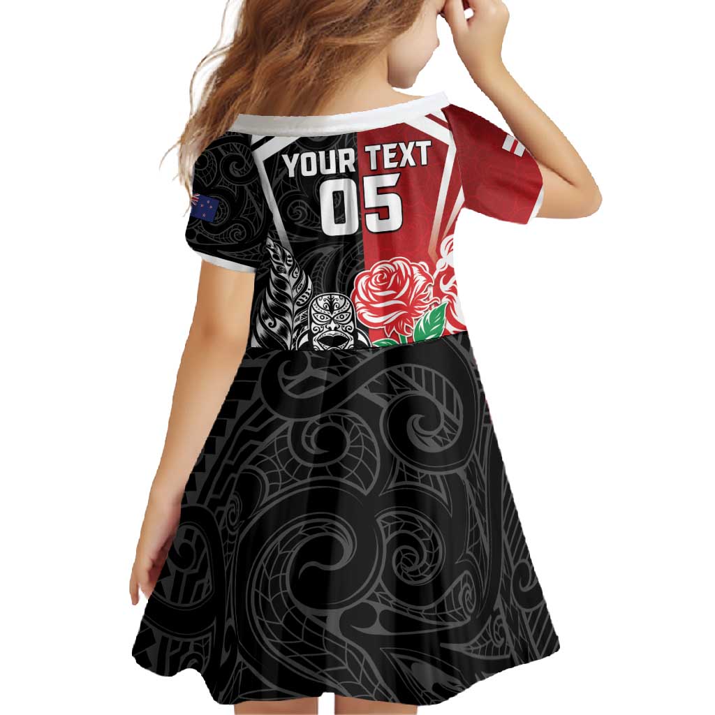 New Zealand And England Rugby Custom Family Matching Mermaid Dress and Hawaiian Shirt Maori Tiki With Red Rose Together LT05 - Polynesian Pride