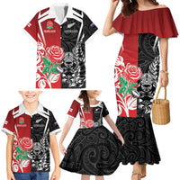 New Zealand And England Rugby Custom Family Matching Mermaid Dress and Hawaiian Shirt Maori Tiki With Red Rose Together LT05 - Polynesian Pride