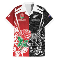 New Zealand And England Rugby Custom Family Matching Mermaid Dress and Hawaiian Shirt Maori Tiki With Red Rose Together LT05 Dad's Shirt - Short Sleeve Red - Polynesian Pride