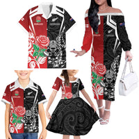 New Zealand And England Rugby Custom Family Matching Off The Shoulder Long Sleeve Dress and Hawaiian Shirt Maori Tiki With Red Rose Together