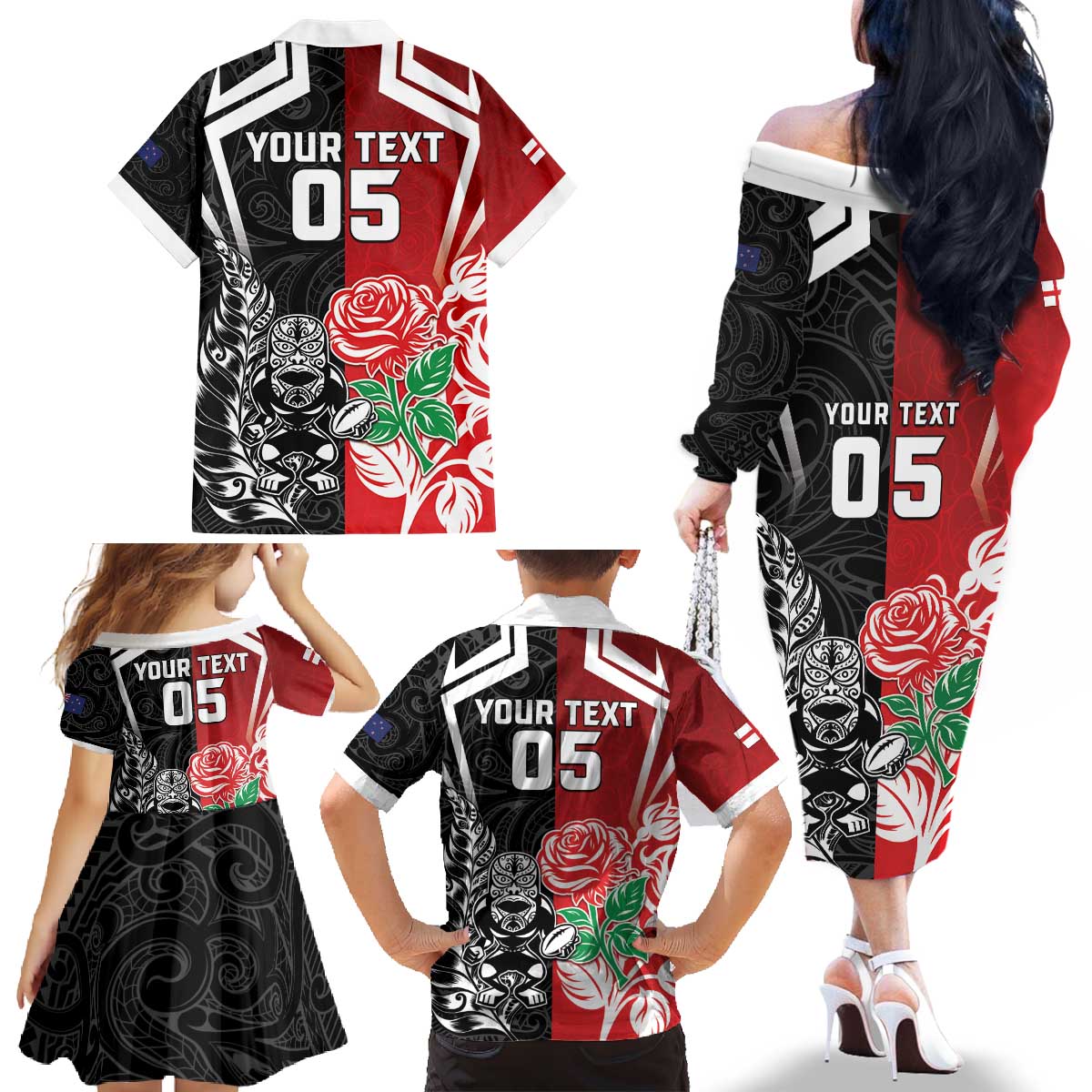 New Zealand And England Rugby Custom Family Matching Off The Shoulder Long Sleeve Dress and Hawaiian Shirt Maori Tiki With Red Rose Together
