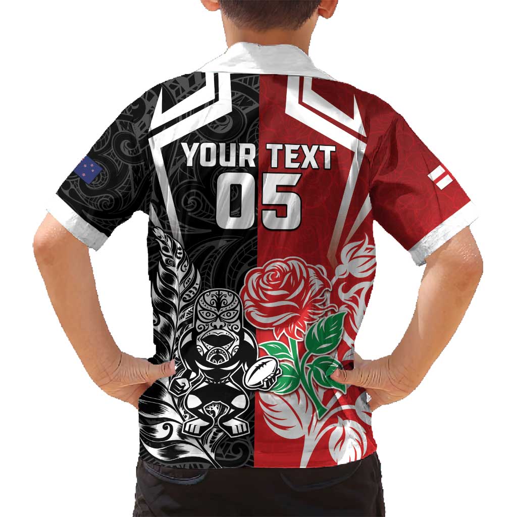 New Zealand And England Rugby Custom Family Matching Off Shoulder Maxi Dress and Hawaiian Shirt Maori Tiki With Red Rose Together LT05 - Polynesian Pride