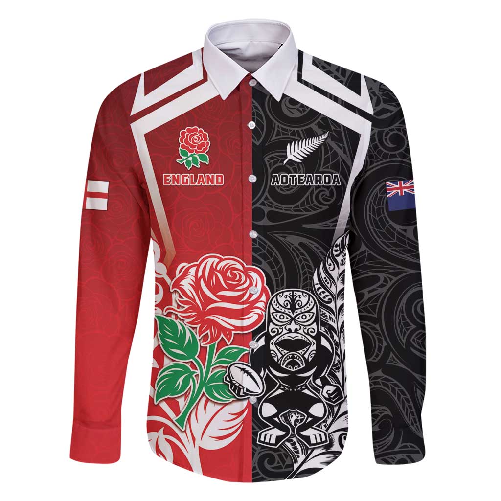 New Zealand And England Rugby Custom Family Matching Off Shoulder Maxi Dress and Hawaiian Shirt Maori Tiki With Red Rose Together LT05 Dad's Shirt - Long Sleeve Red - Polynesian Pride
