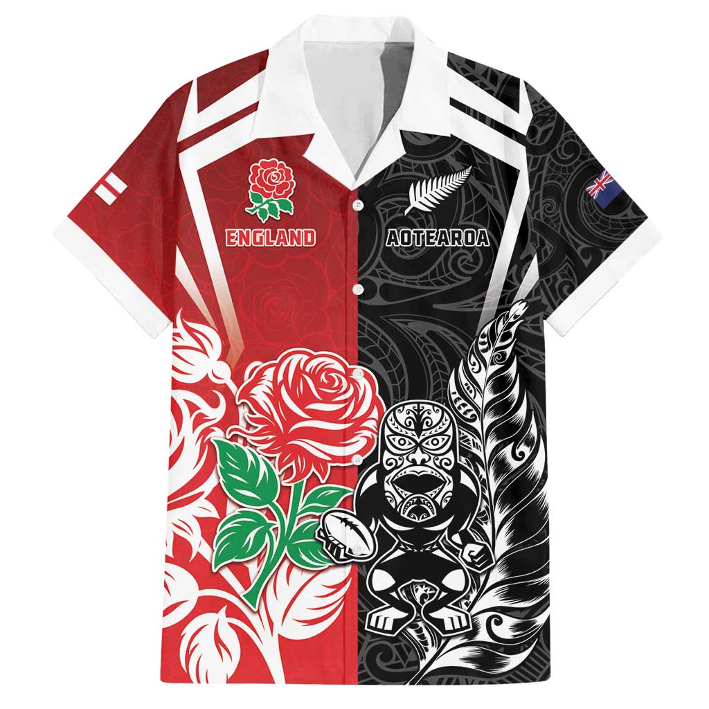 New Zealand And England Rugby Custom Family Matching Off Shoulder Short Dress and Hawaiian Shirt Maori Tiki With Red Rose Together