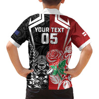 New Zealand And England Rugby Custom Family Matching Short Sleeve Bodycon Dress and Hawaiian Shirt Maori Tiki With Red Rose Together