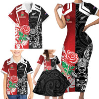 New Zealand And England Rugby Custom Family Matching Short Sleeve Bodycon Dress and Hawaiian Shirt Maori Tiki With Red Rose Together