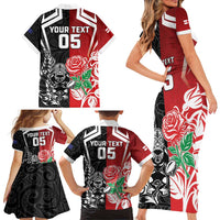 New Zealand And England Rugby Custom Family Matching Short Sleeve Bodycon Dress and Hawaiian Shirt Maori Tiki With Red Rose Together
