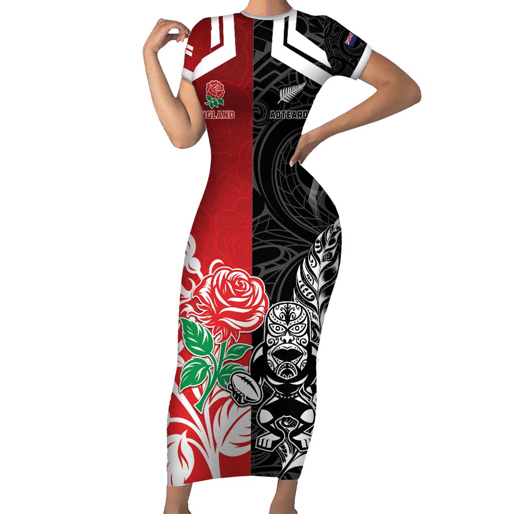 New Zealand And England Rugby Custom Family Matching Short Sleeve Bodycon Dress and Hawaiian Shirt Maori Tiki With Red Rose Together
