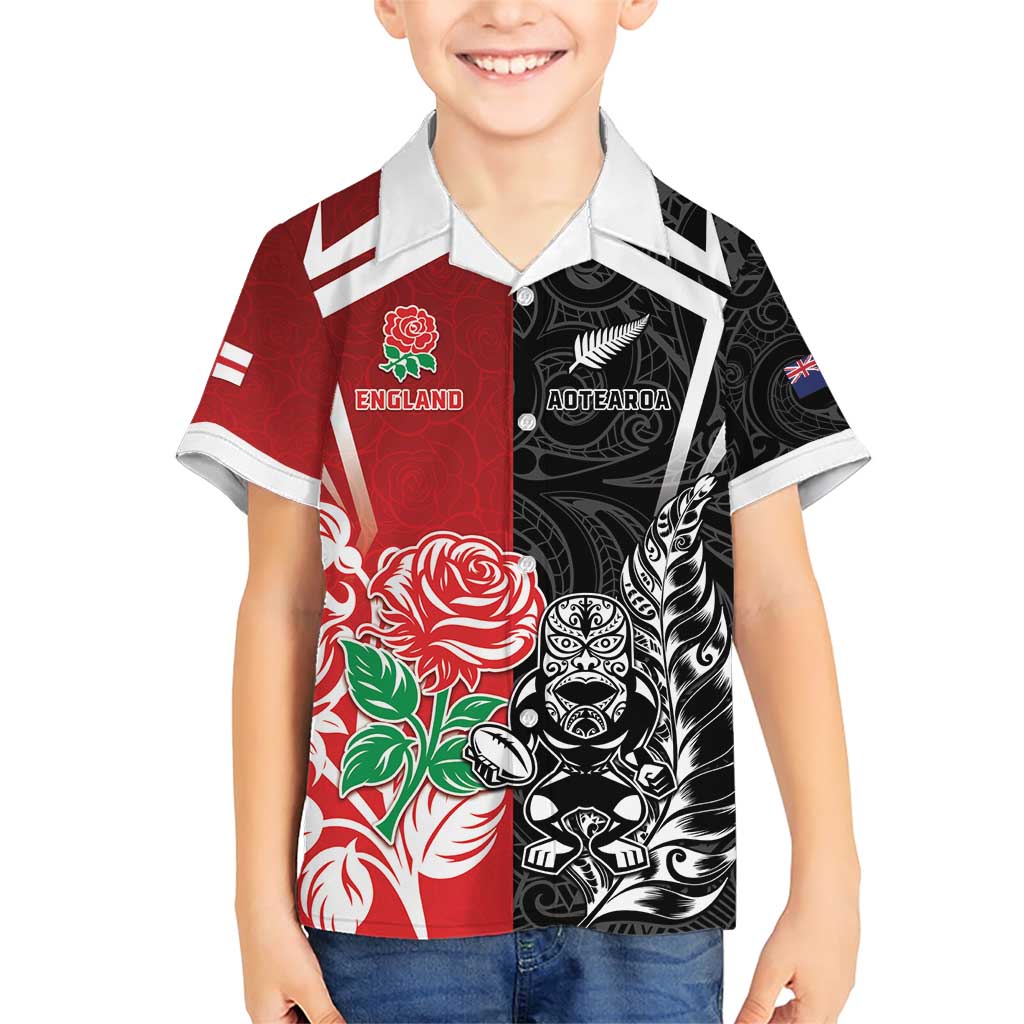 New Zealand And England Rugby Custom Family Matching Short Sleeve Bodycon Dress and Hawaiian Shirt Maori Tiki With Red Rose Together