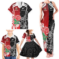 New Zealand And England Rugby Custom Family Matching Tank Maxi Dress and Hawaiian Shirt Maori Tiki With Red Rose Together