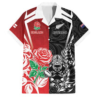 New Zealand And England Rugby Custom Family Matching Tank Maxi Dress and Hawaiian Shirt Maori Tiki With Red Rose Together