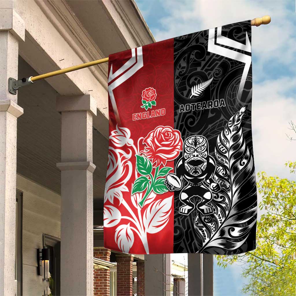 New Zealand And England Rugby Garden Flag Maori Tiki With Red Rose Together LT05 House Flag Red - Polynesian Pride