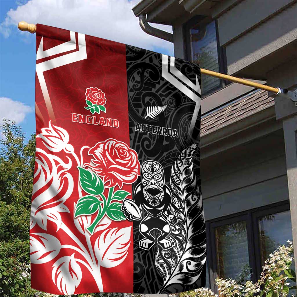New Zealand And England Rugby Garden Flag Maori Tiki With Red Rose Together LT05 - Polynesian Pride