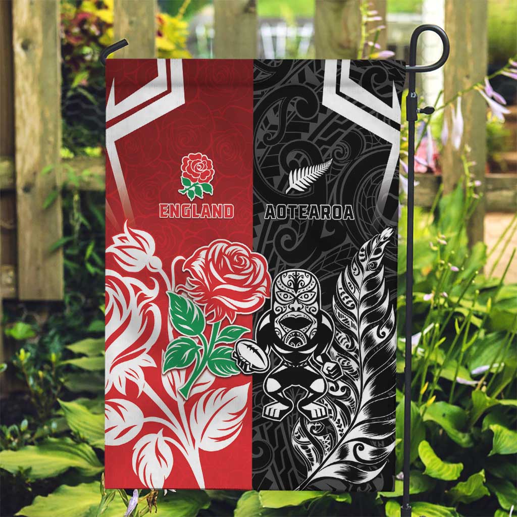 New Zealand And England Rugby Garden Flag Maori Tiki With Red Rose Together LT05 Garden Flag Red - Polynesian Pride