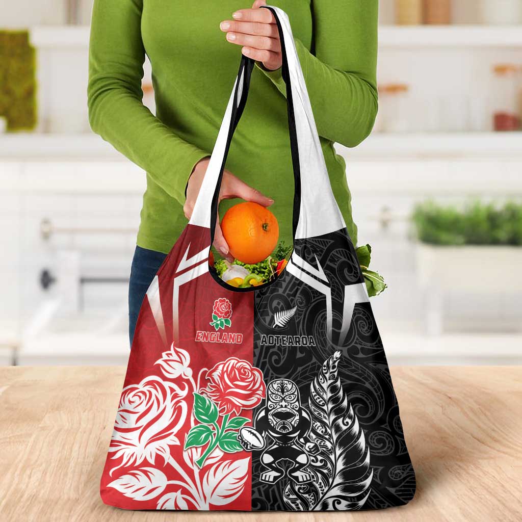 New Zealand And England Rugby Grocery Bag Maori Tiki With Red Rose Together LT05 - Polynesian Pride
