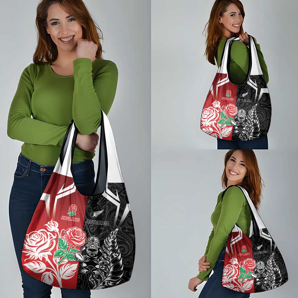 New Zealand And England Rugby Grocery Bag Maori Tiki With Red Rose Together LT05 - Polynesian Pride