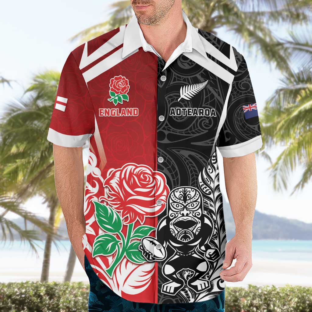 New Zealand And England Rugby Custom Hawaiian Shirt Maori Tiki With Red Rose Together LT05 - Polynesian Pride