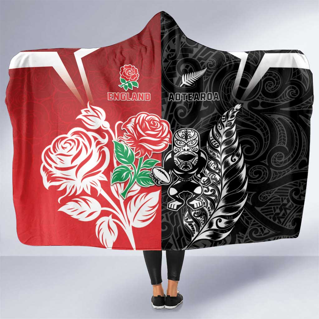 New Zealand And England Rugby Hooded Blanket Maori Tiki With Red Rose Together LT05 One Size Red - Polynesian Pride