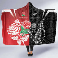 New Zealand And England Rugby Hooded Blanket Maori Tiki With Red Rose Together LT05 One Size Red - Polynesian Pride