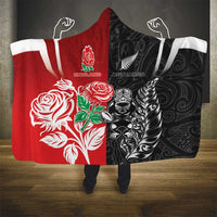 New Zealand And England Rugby Hooded Blanket Maori Tiki With Red Rose Together LT05 - Polynesian Pride