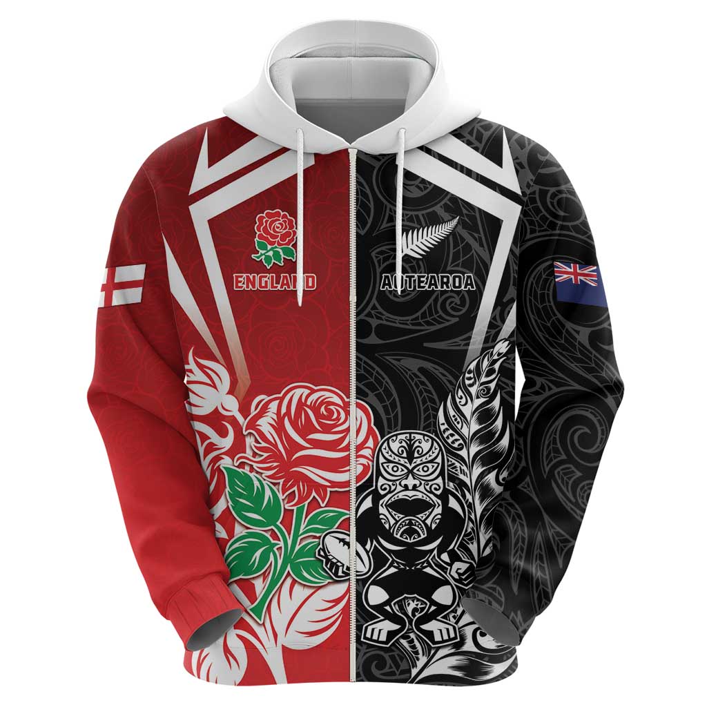 New Zealand And England Rugby Custom Hoodie Maori Tiki With Red Rose Together LT05 - Polynesian Pride